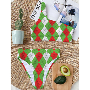 Red Green And White Argyle Pattern Print One Shoulder Bikini Top