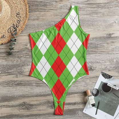 Red Green And White Argyle Pattern Print One Shoulder Bodysuit