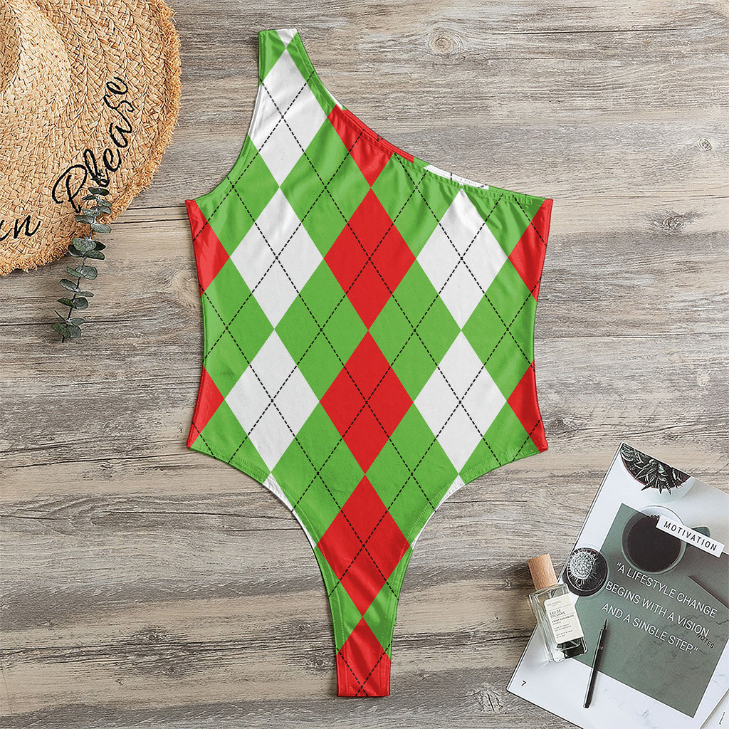 Red Green And White Argyle Pattern Print One Shoulder Bodysuit