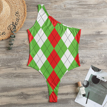 Red Green And White Argyle Pattern Print One Shoulder Bodysuit
