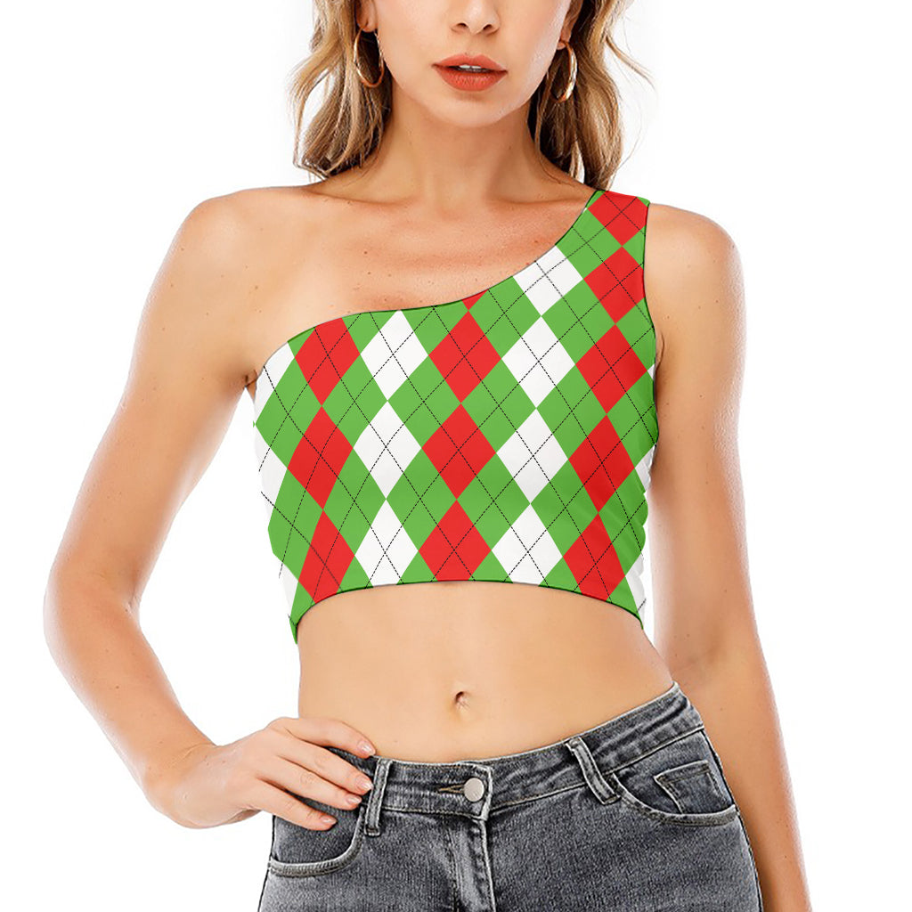 Red Green And White Argyle Pattern Print One Shoulder Crop Top