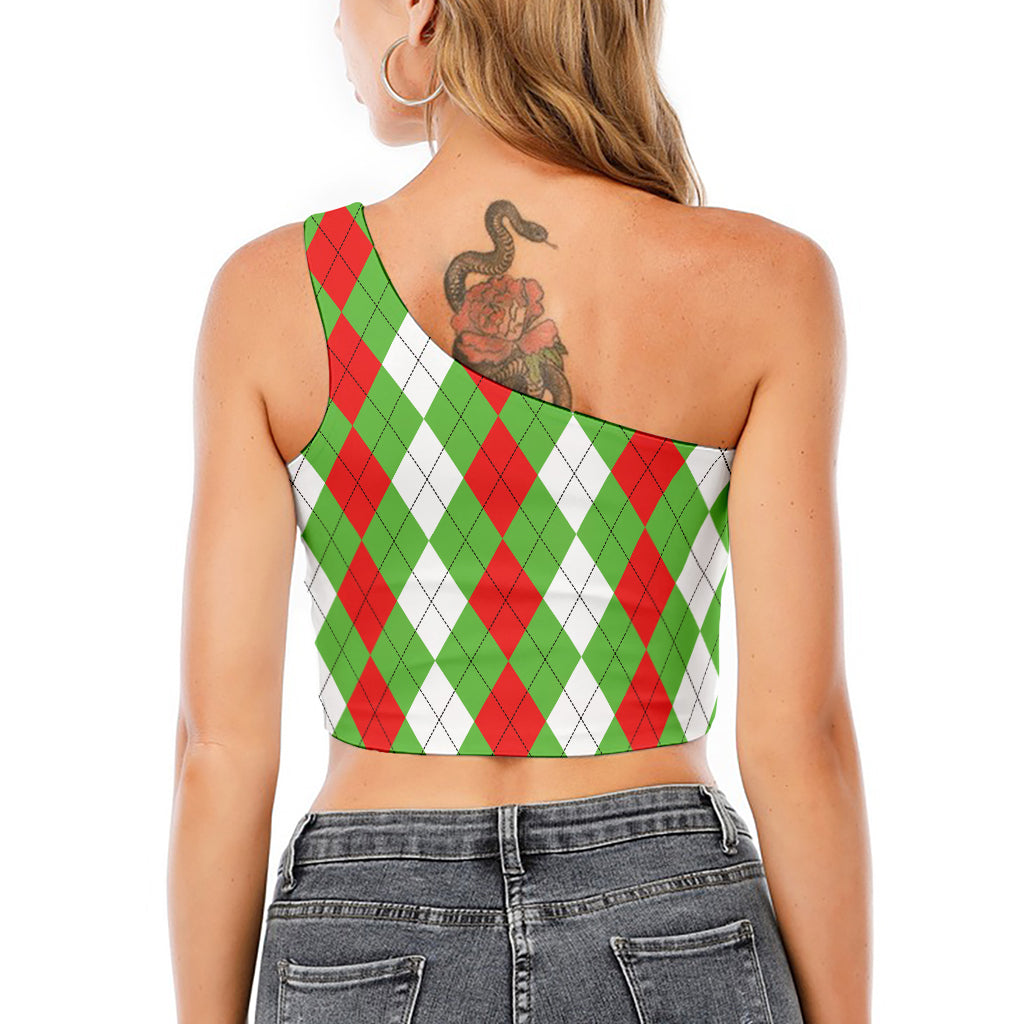 Red Green And White Argyle Pattern Print One Shoulder Crop Top