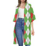 Red Green And White Argyle Pattern Print Open Front Beach Cover Up