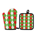 Red Green And White Argyle Pattern Print Oven Mitt And Pot Holder Set