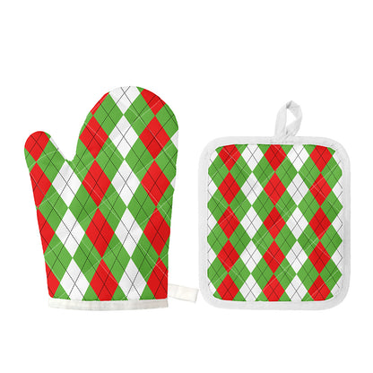 Red Green And White Argyle Pattern Print Oven Mitt And Pot Holder Set