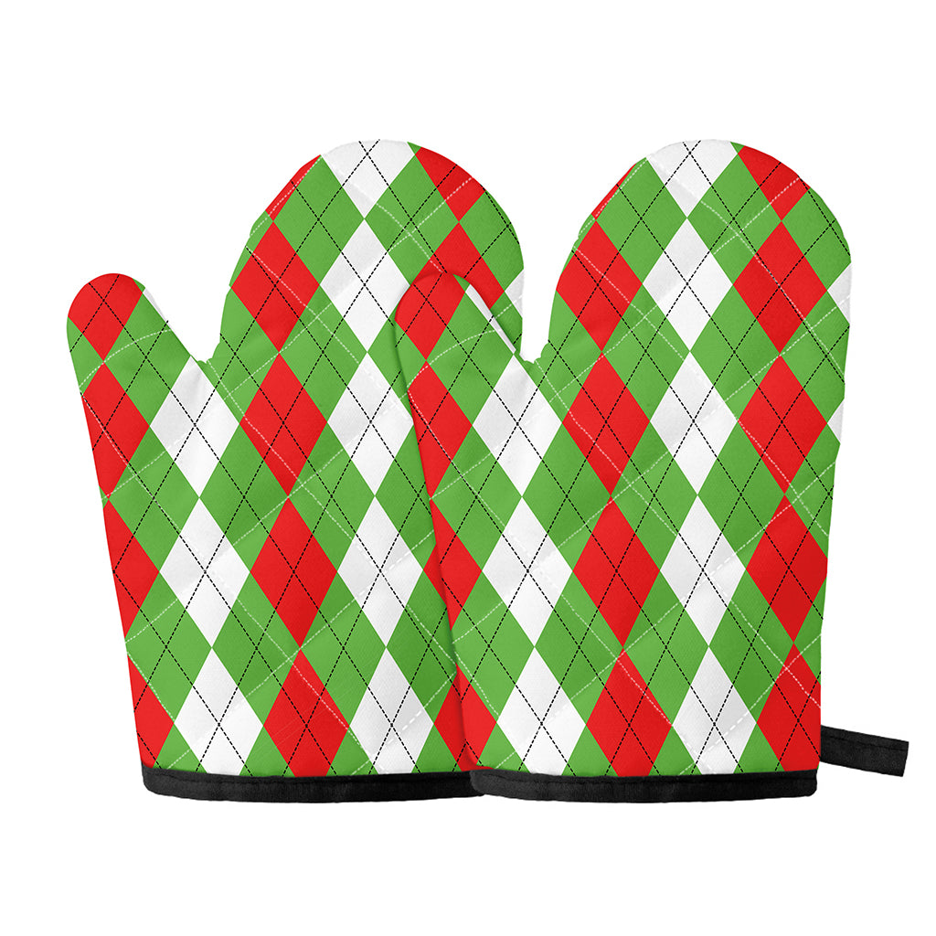 Red Green And White Argyle Pattern Print Oven Mitts