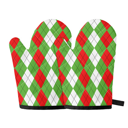 Red Green And White Argyle Pattern Print Oven Mitts