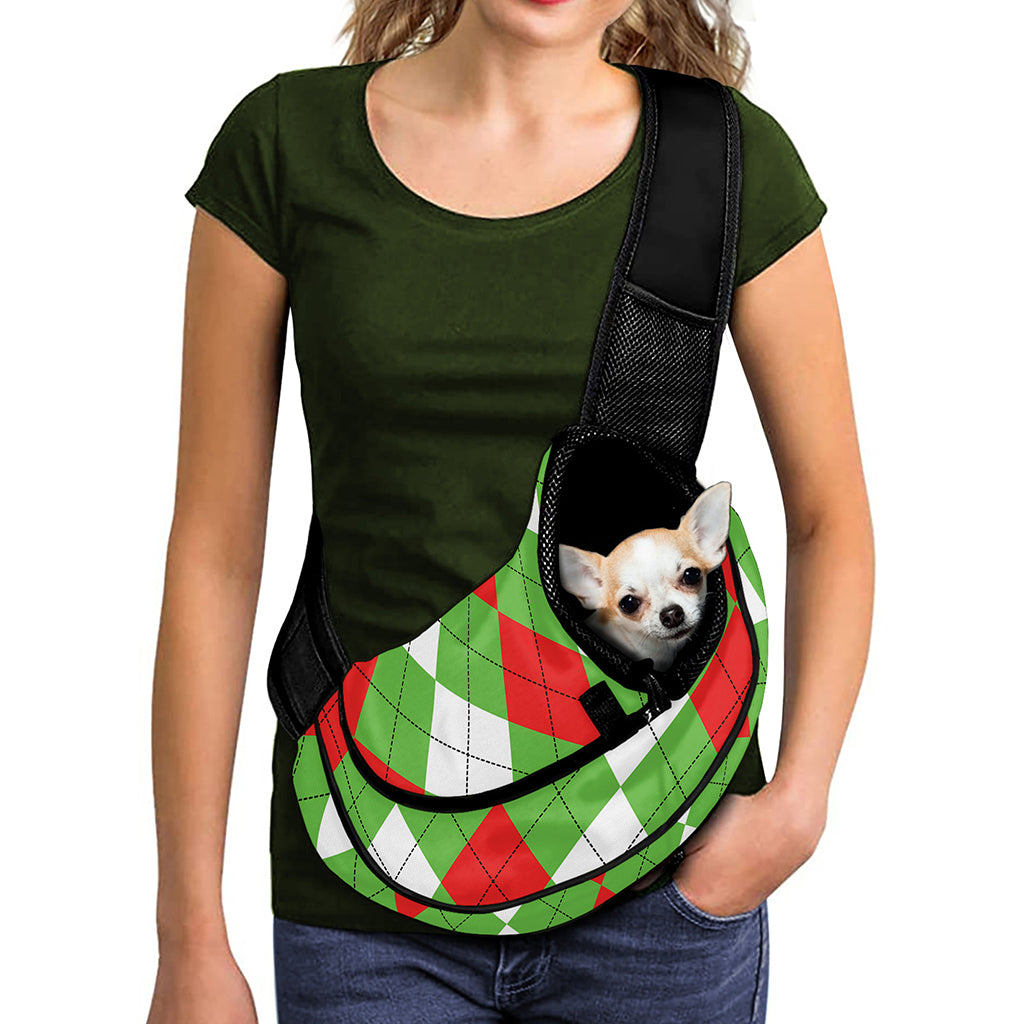 Red Green And White Argyle Pattern Print Pet Sling Carrier