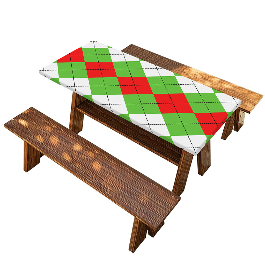 Red Green And White Argyle Pattern Print Picnic Table Cover