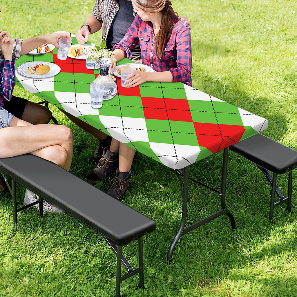 Red Green And White Argyle Pattern Print Picnic Table Cover