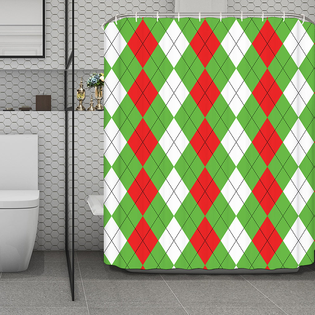 Red Green And White Argyle Pattern Print Polyester Shower Curtain