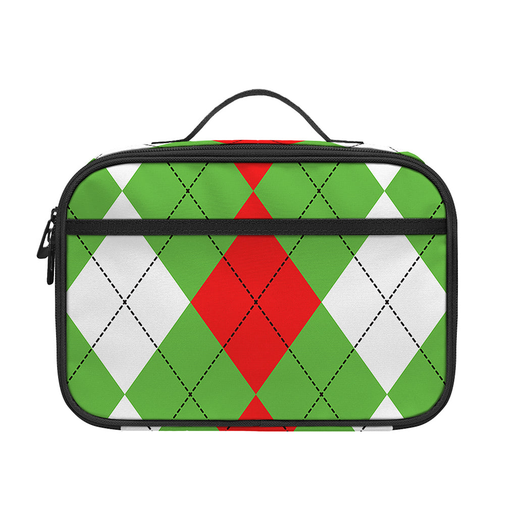 Red Green And White Argyle Pattern Print Portable Lunch Bag