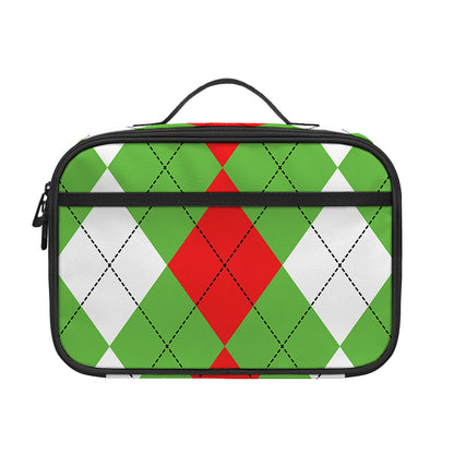 Red Green And White Argyle Pattern Print Portable Lunch Bag