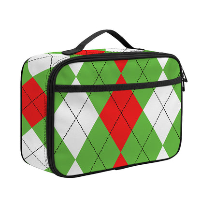 Red Green And White Argyle Pattern Print Portable Lunch Bag