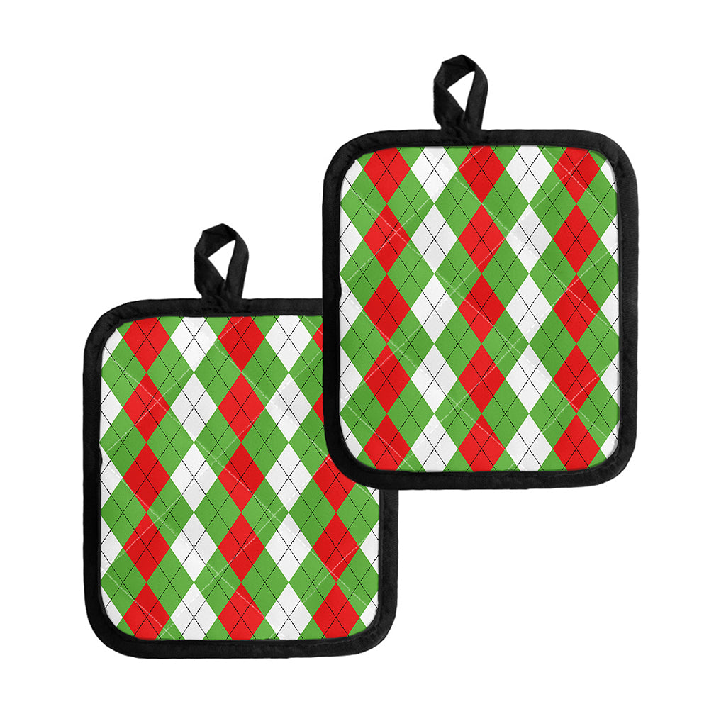 Red Green And White Argyle Pattern Print Pot Holders