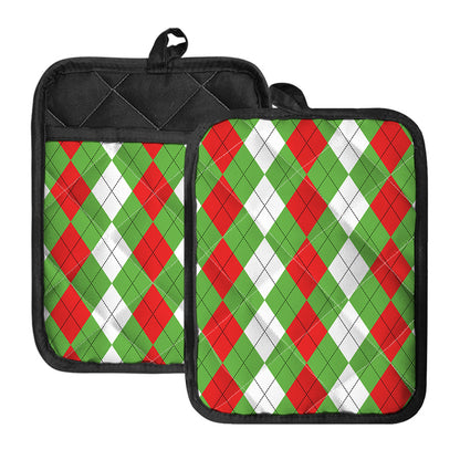 Red Green And White Argyle Pattern Print Pot Holders With Pocket
