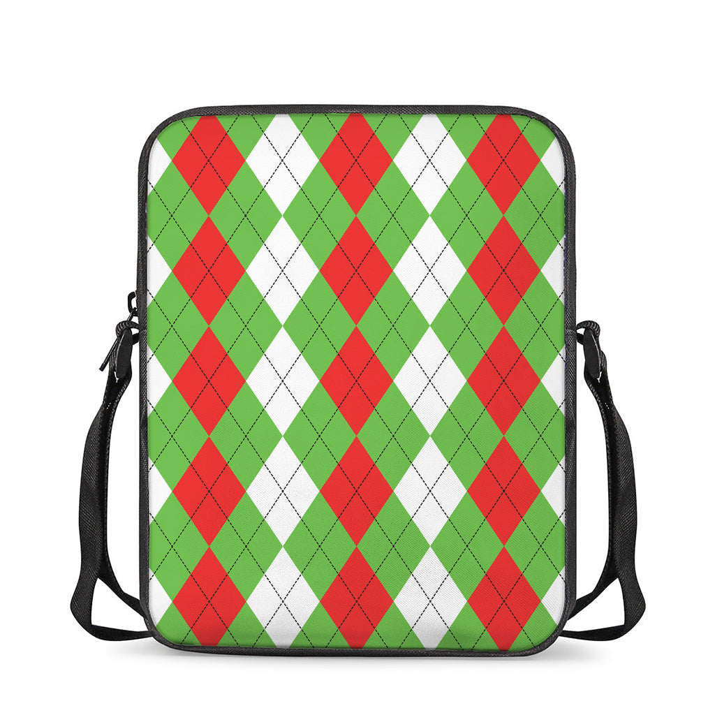 Red Green And White Argyle Pattern Print Rectangular Crossbody Bag