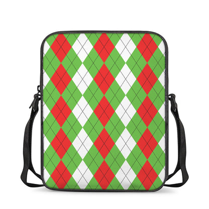 Red Green And White Argyle Pattern Print Rectangular Crossbody Bag