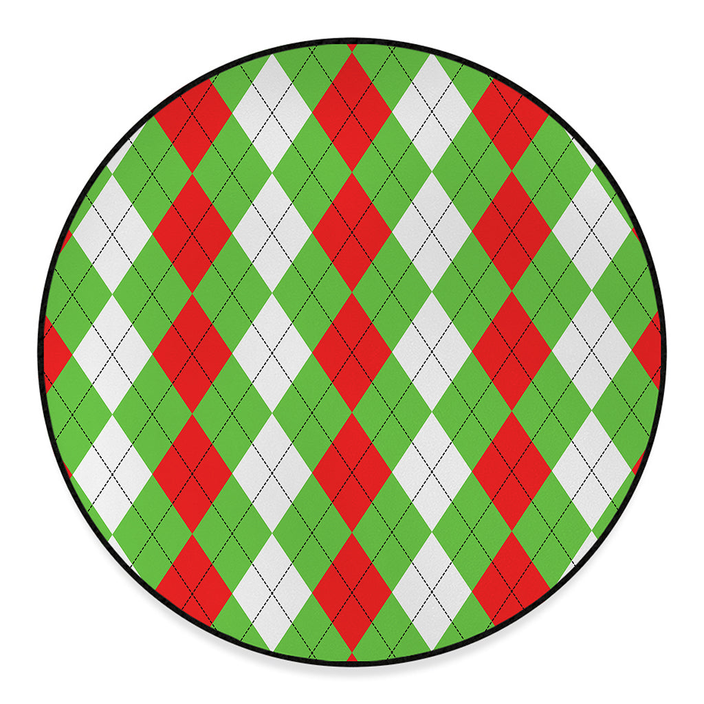 Red Green And White Argyle Pattern Print Round Floor Mat