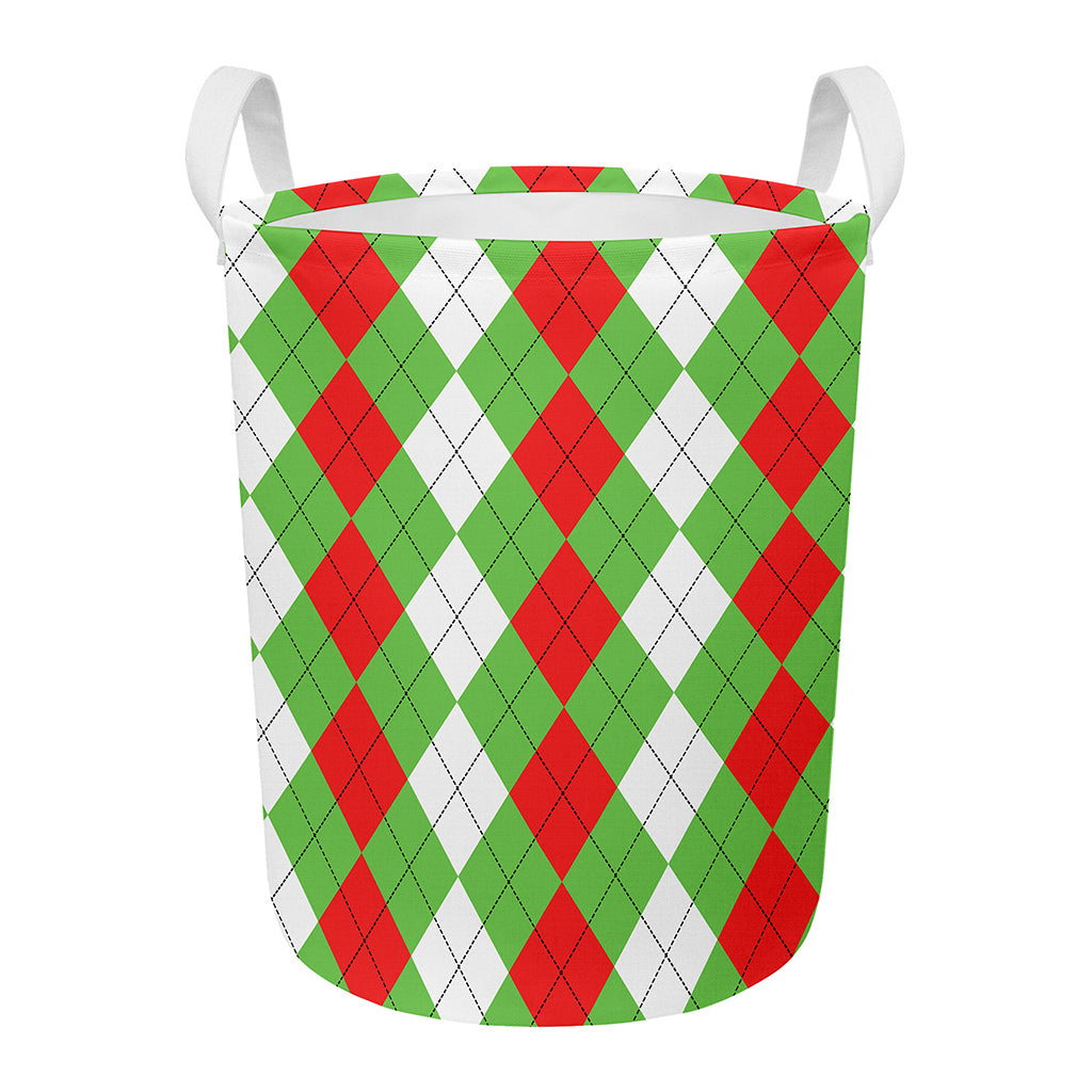 Red Green And White Argyle Pattern Print Round Laundry Basket