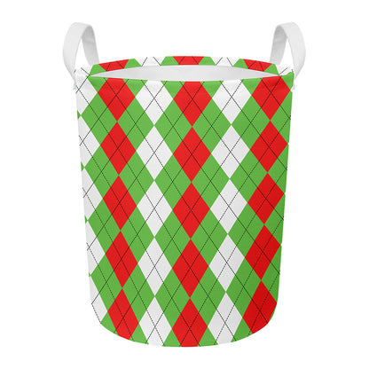 Red Green And White Argyle Pattern Print Round Laundry Basket