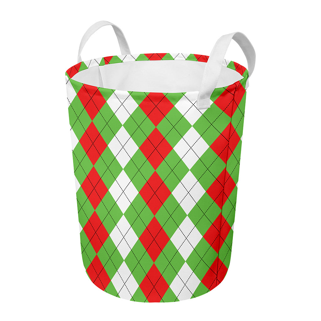 Red Green And White Argyle Pattern Print Round Laundry Basket