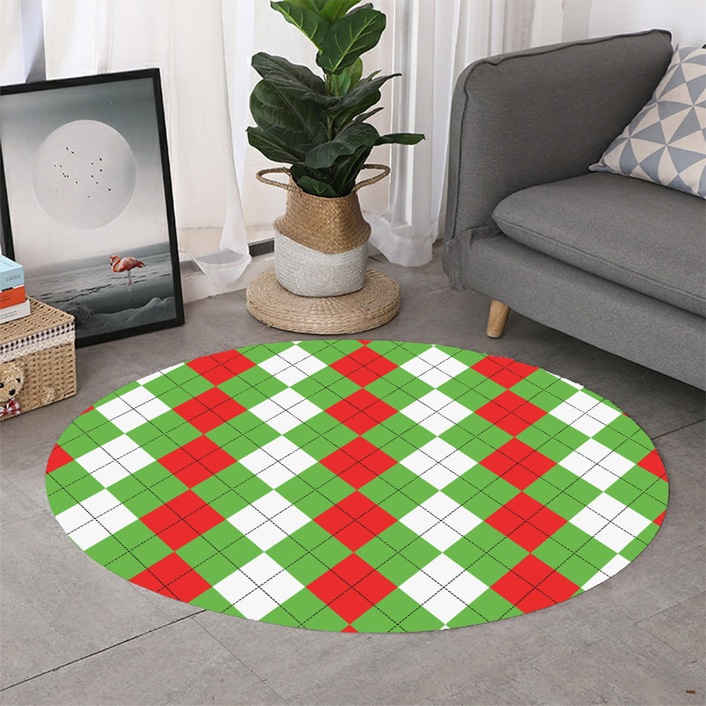 Red Green And White Argyle Pattern Print Round Rug