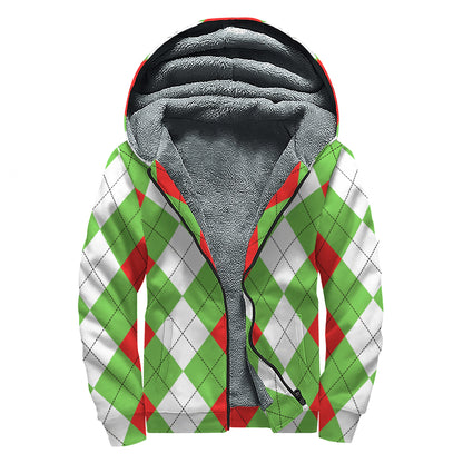 Red Green And White Argyle Pattern Print Sherpa Lined Zip Up Hoodie