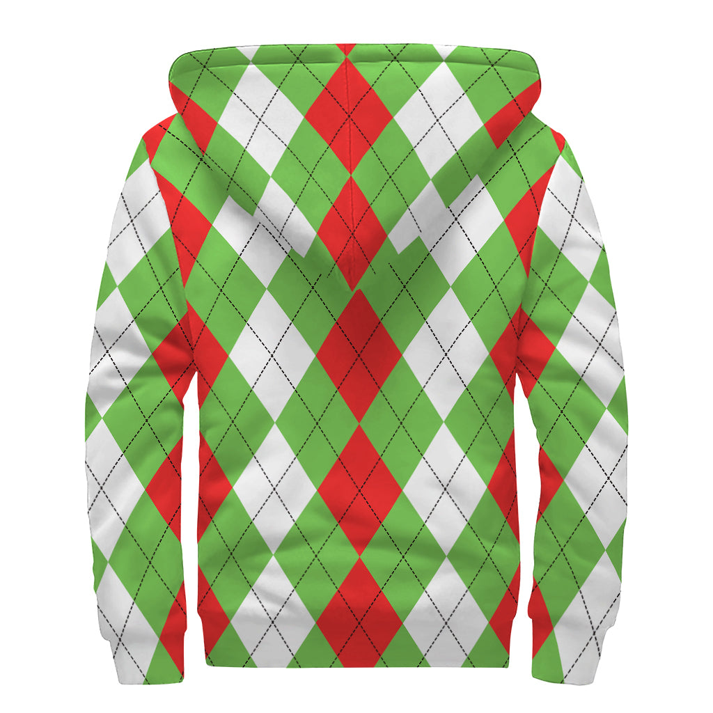 Red Green And White Argyle Pattern Print Sherpa Lined Zip Up Hoodie