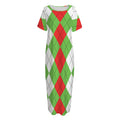 Red Green And White Argyle Pattern Print Short Sleeve Long Nightdress