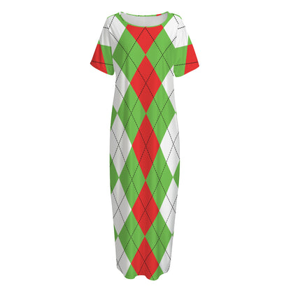 Red Green And White Argyle Pattern Print Short Sleeve Long Nightdress