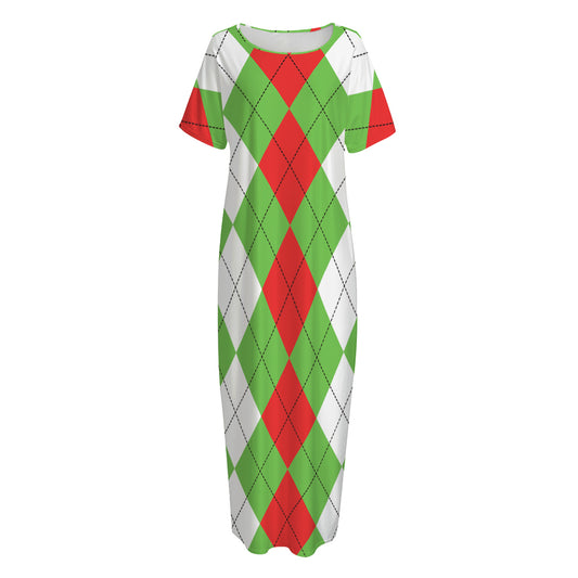 Red Green And White Argyle Pattern Print Short Sleeve Long Nightdress