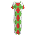 Red Green And White Argyle Pattern Print Short Sleeve Long Nightdress