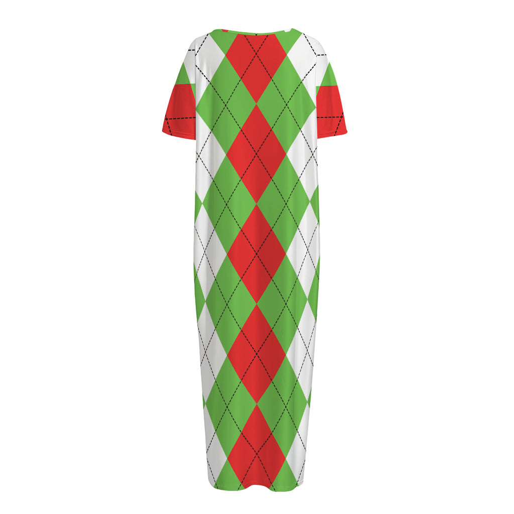 Red Green And White Argyle Pattern Print Short Sleeve Long Nightdress