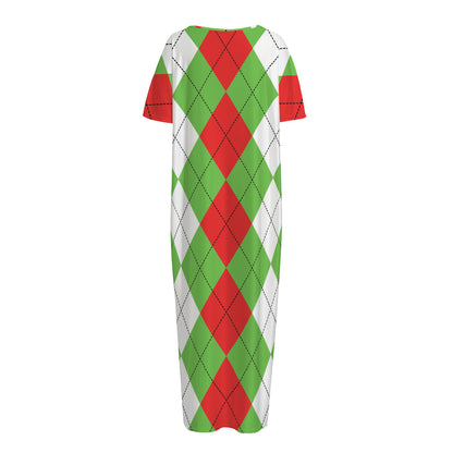 Red Green And White Argyle Pattern Print Short Sleeve Long Nightdress