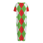 Red Green And White Argyle Pattern Print Short Sleeve Long Nightdress
