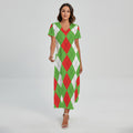 Red Green And White Argyle Pattern Print Short Sleeve Maxi Dress