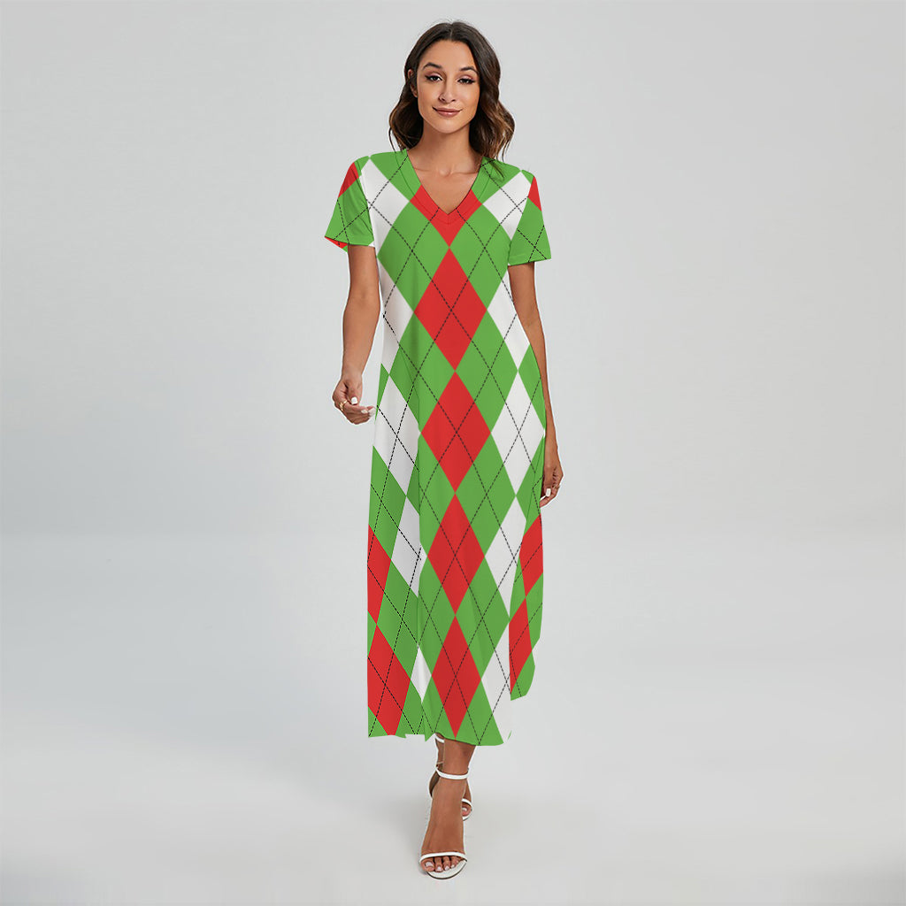 Red Green And White Argyle Pattern Print Short Sleeve Maxi Dress