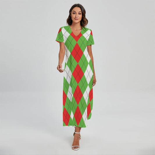 Red Green And White Argyle Pattern Print Short Sleeve Maxi Dress