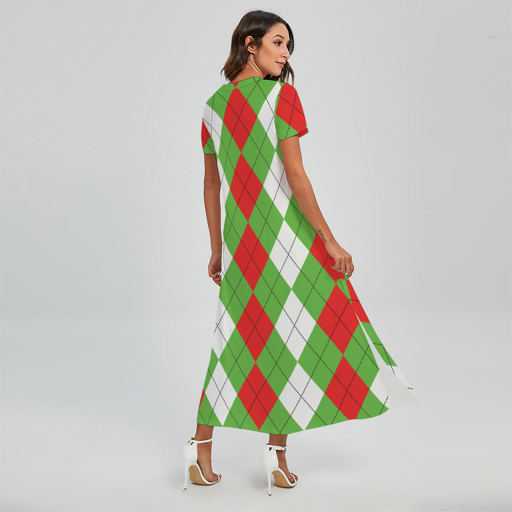 Red Green And White Argyle Pattern Print Short Sleeve Maxi Dress