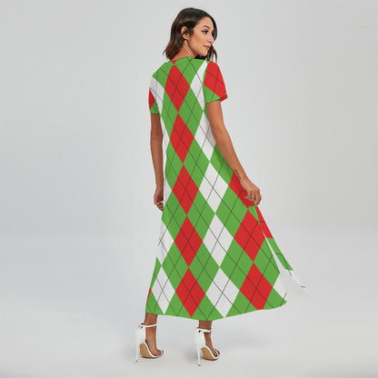 Red Green And White Argyle Pattern Print Short Sleeve Maxi Dress