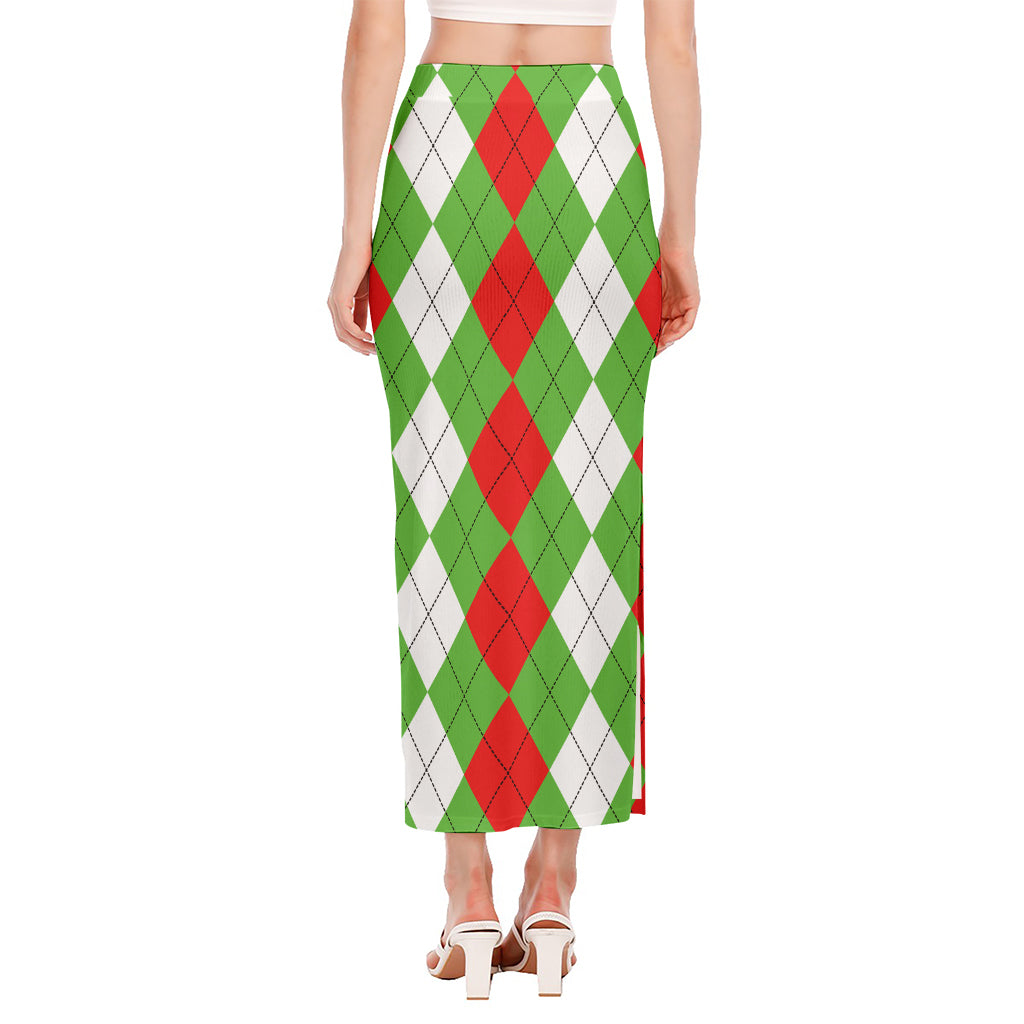 Red Green And White Argyle Pattern Print Side Slit Maxi Skirt