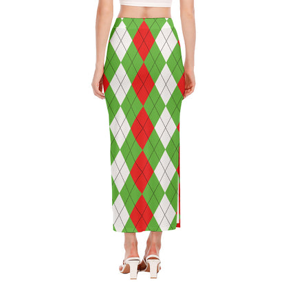 Red Green And White Argyle Pattern Print Side Slit Maxi Skirt