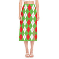 Red Green And White Argyle Pattern Print Side Slit Midi Skirt
