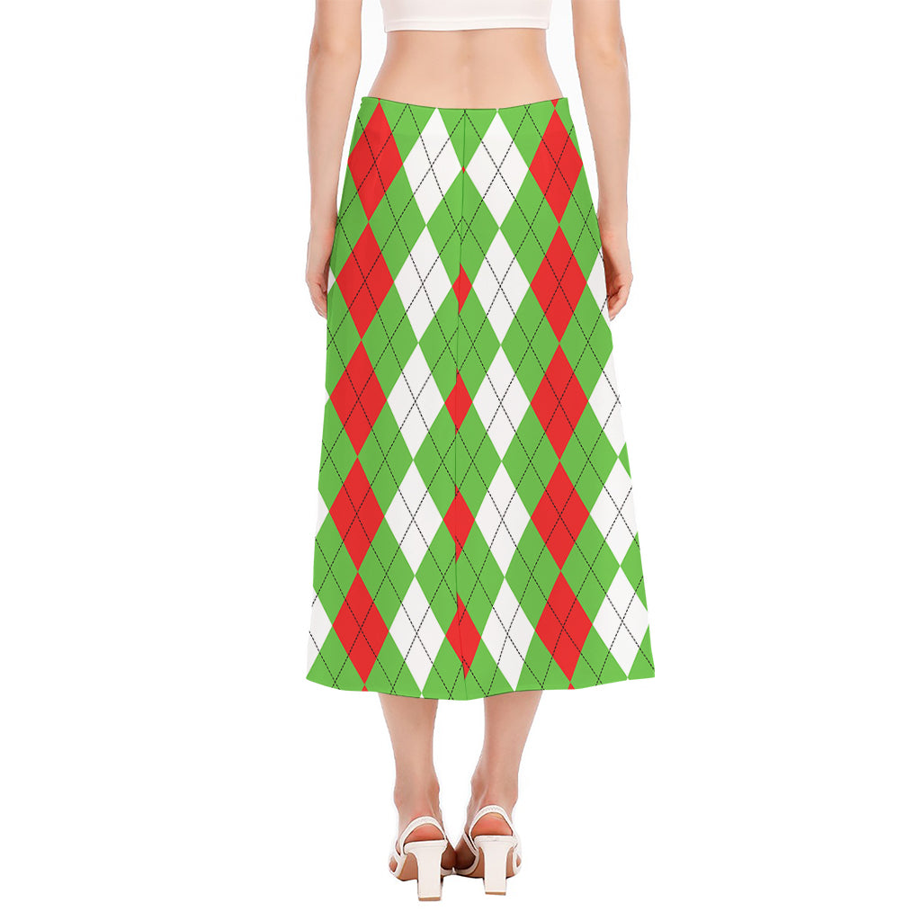 Red Green And White Argyle Pattern Print Side Slit Midi Skirt