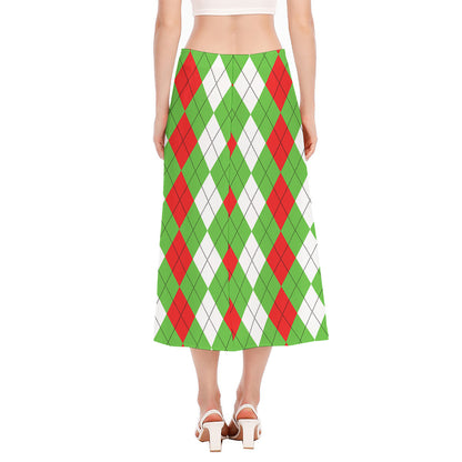 Red Green And White Argyle Pattern Print Side Slit Midi Skirt