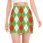 Red Green And White Argyle Pattern Print Side Slit Mini Skirt