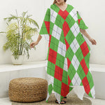 Red Green And White Argyle Pattern Print Silk V-Neck Kaftan Dress
