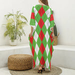 Red Green And White Argyle Pattern Print Silk V-Neck Kaftan Dress