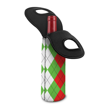 Red Green And White Argyle Pattern Print Single Neoprene Wine Tote